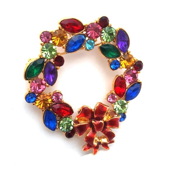 Christopher Radko Colorful Rhinestone Wreath Brooch in box Christmas Winter - Picture 1 of 3